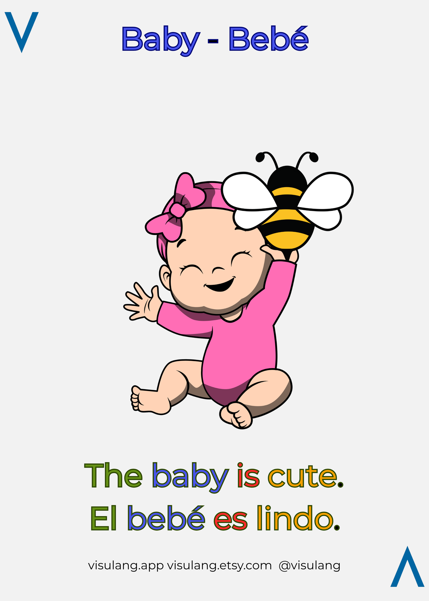 This Visulang card features a baby in pink playing with a bee, providing a visual anchor for the Spanish word "Bebé."