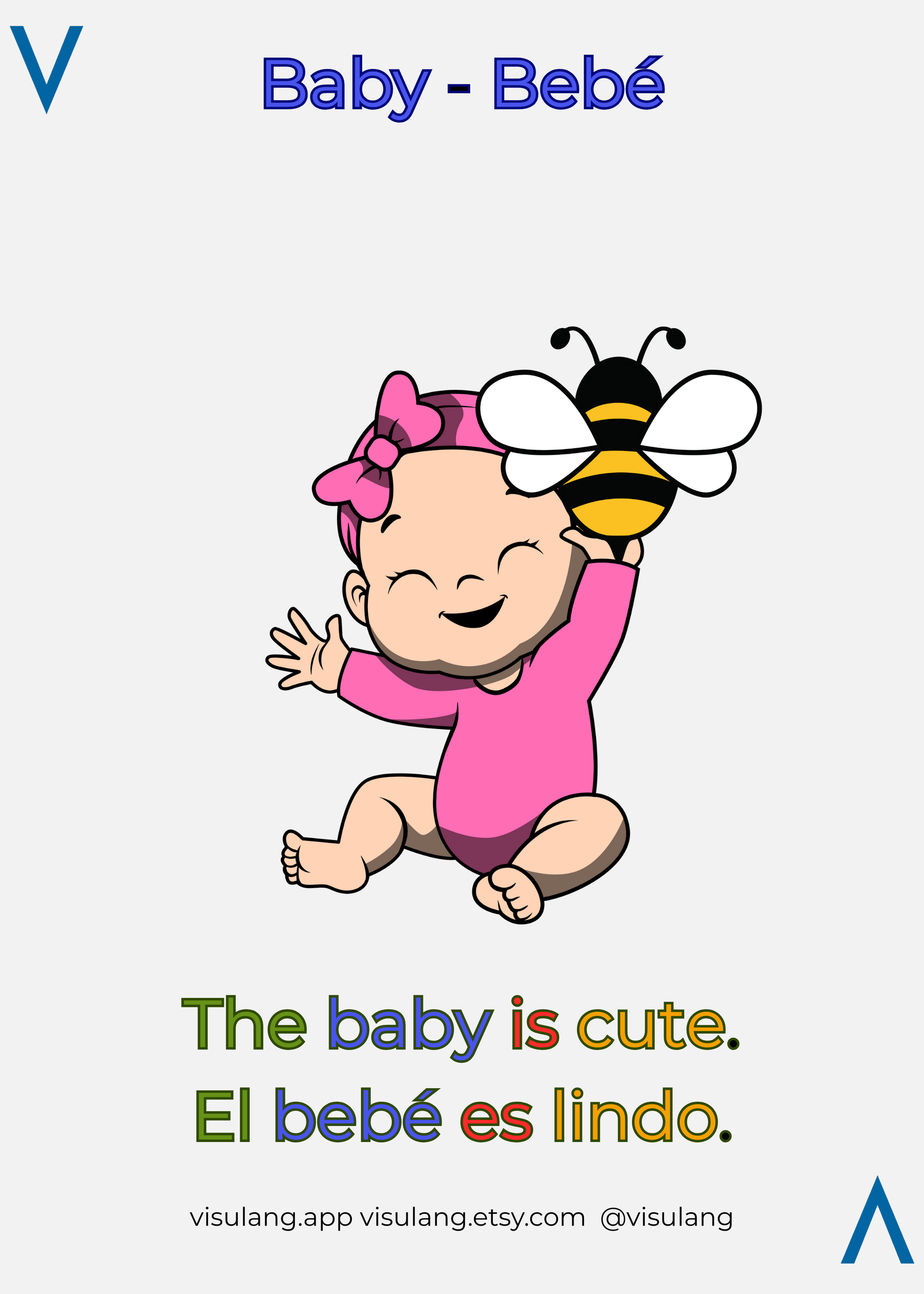 This Visulang card features a baby in pink playing with a bee, providing a visual anchor for the Spanish word "Bebé."