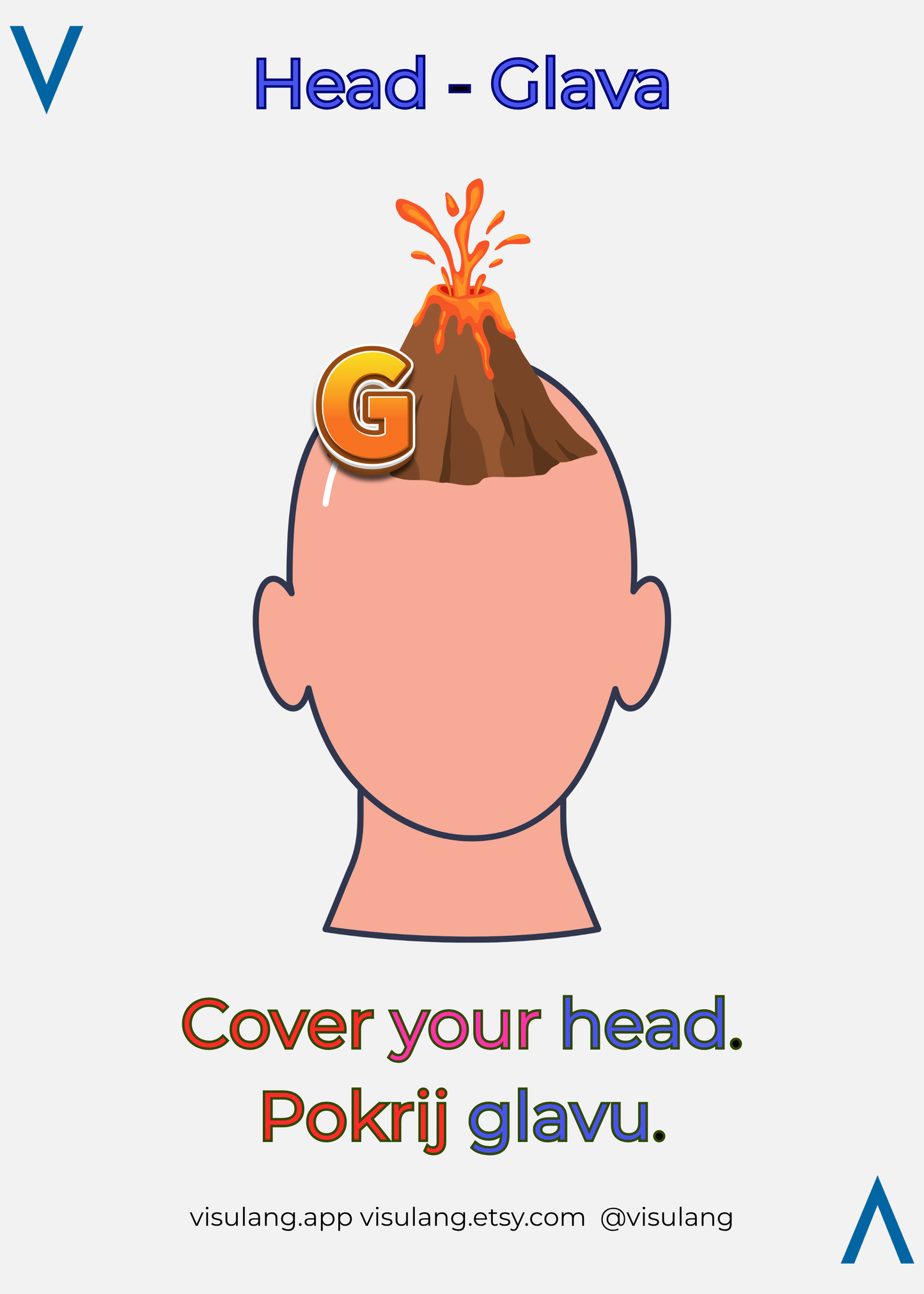 Illustration of a head with a volcano on top, featuring the letters 'V' and 'G'.