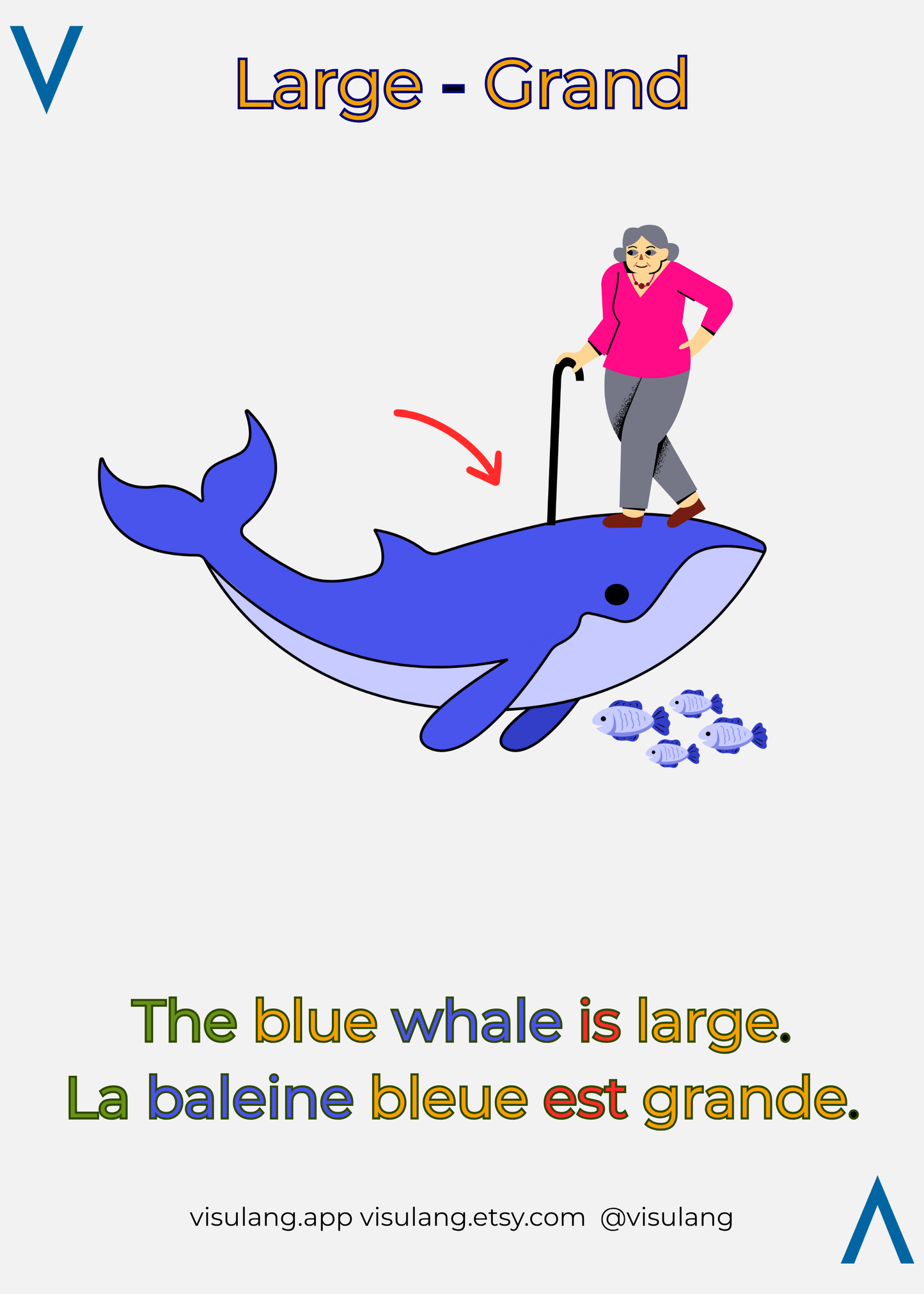 Cartoon of a grandma with a walking stick standing on a blue whale with text and branding.