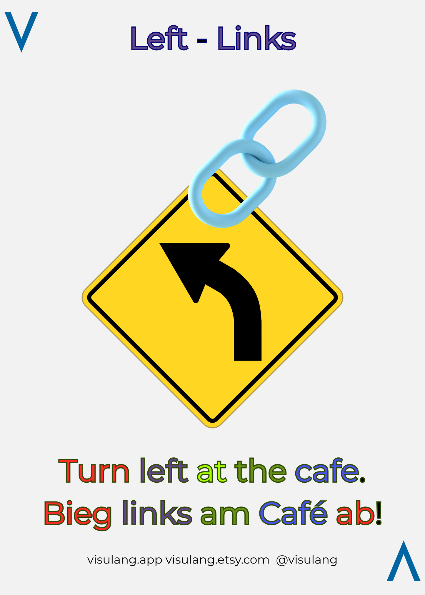 Road sign with a left turn arrow and a blue link icon, with text 'Turn left at the cafe. Bieg links am Café ab!' on a white background.