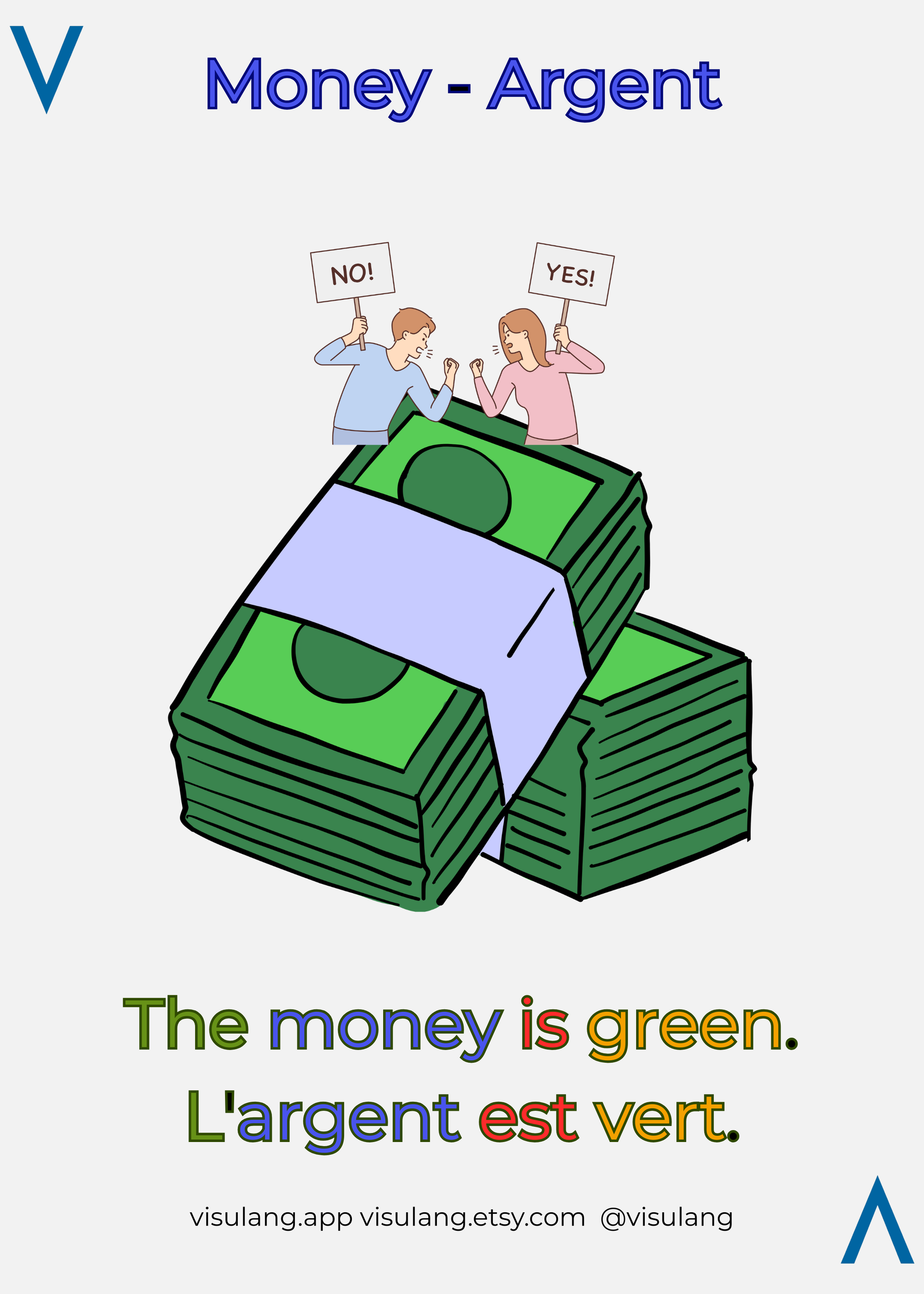 Money - Argent card: Stacked cash with debating figures. Visulang uses high-salience imagery to bypass rote memorization.