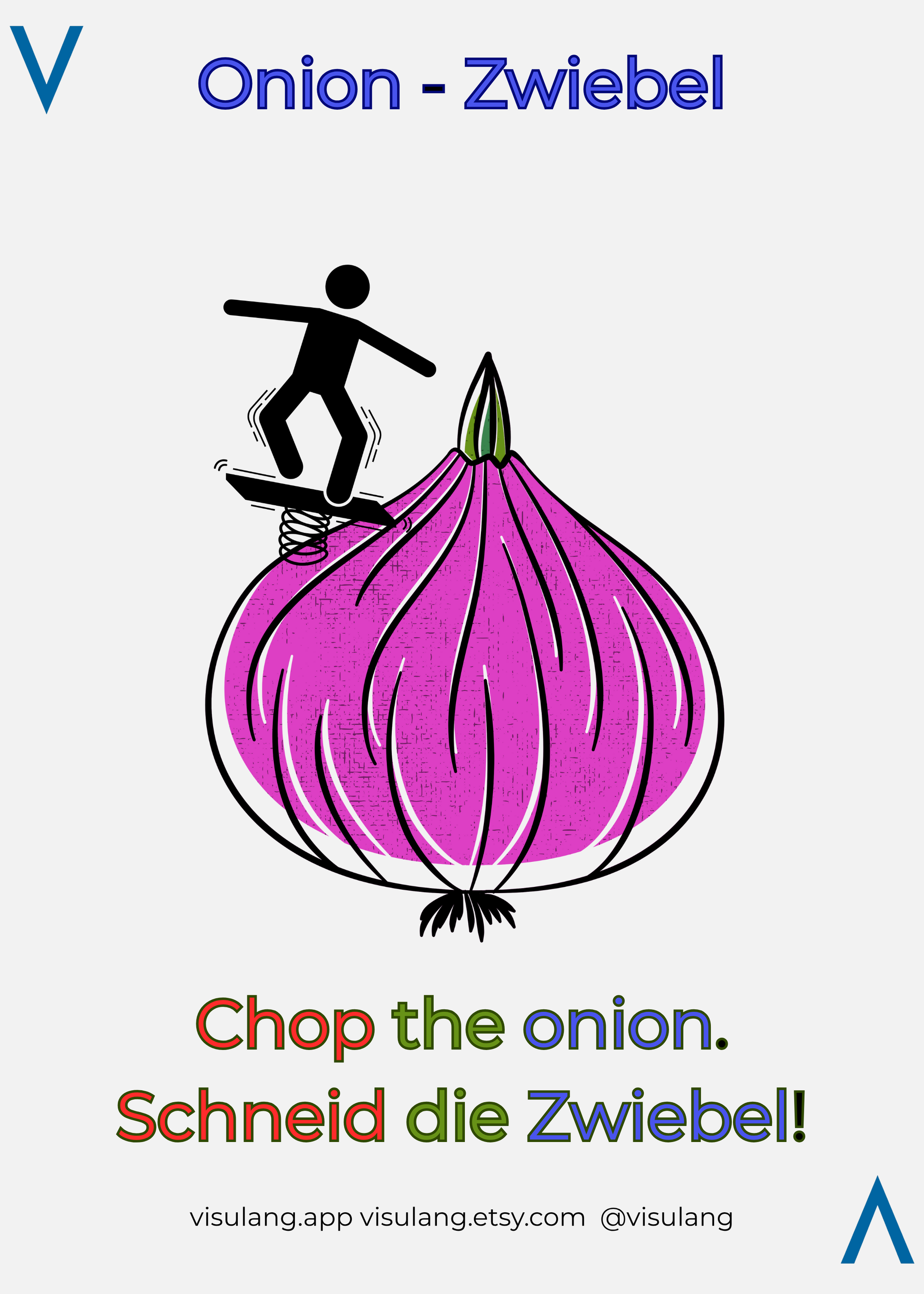 Illustration of a person wobbling on an onion with text 'Chop the onion' in multiple languages.