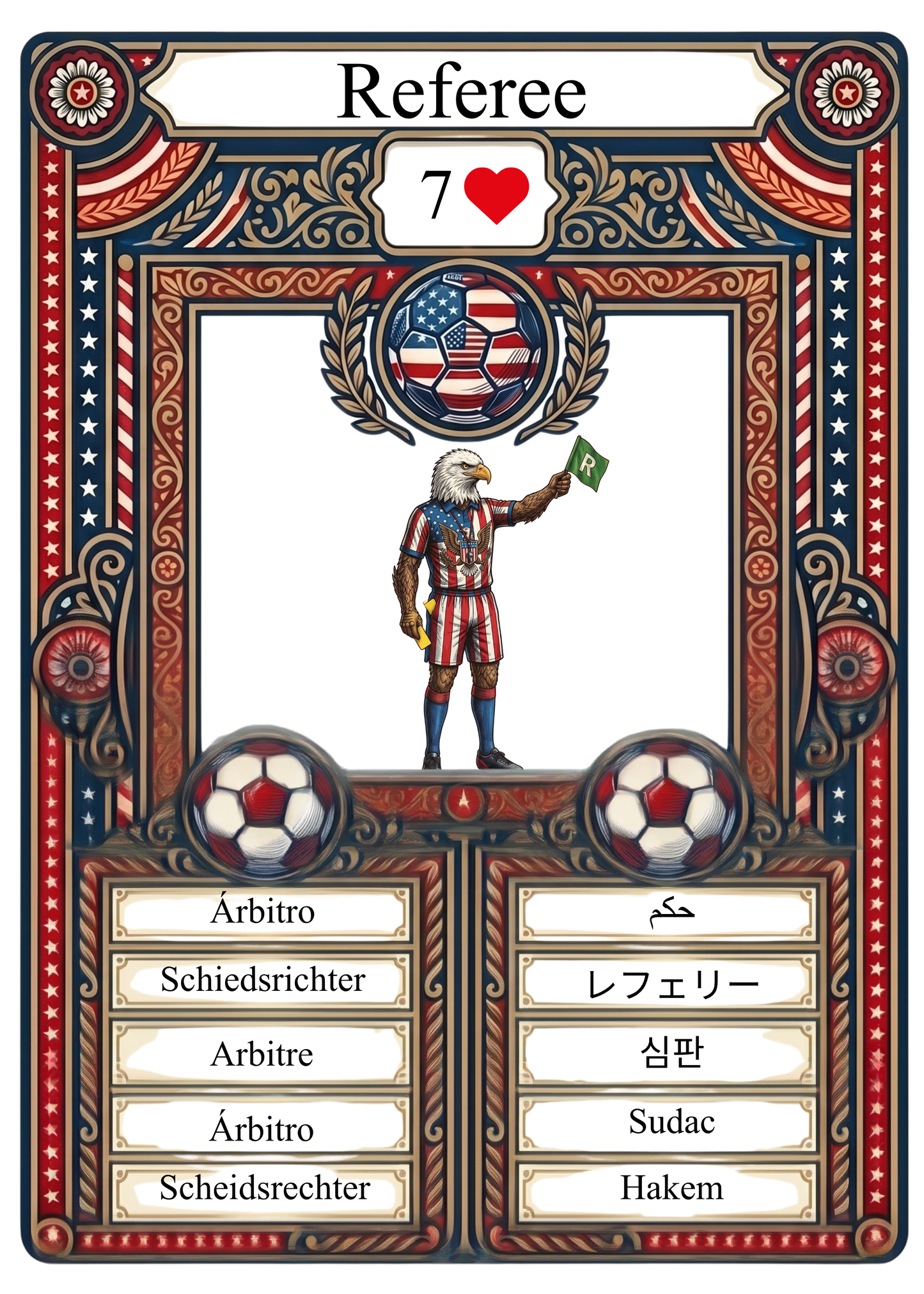 This card displays an eagle dressed as a match official. It helps people learn common game words in many different languages through a fun, patriotic design for sports fans.