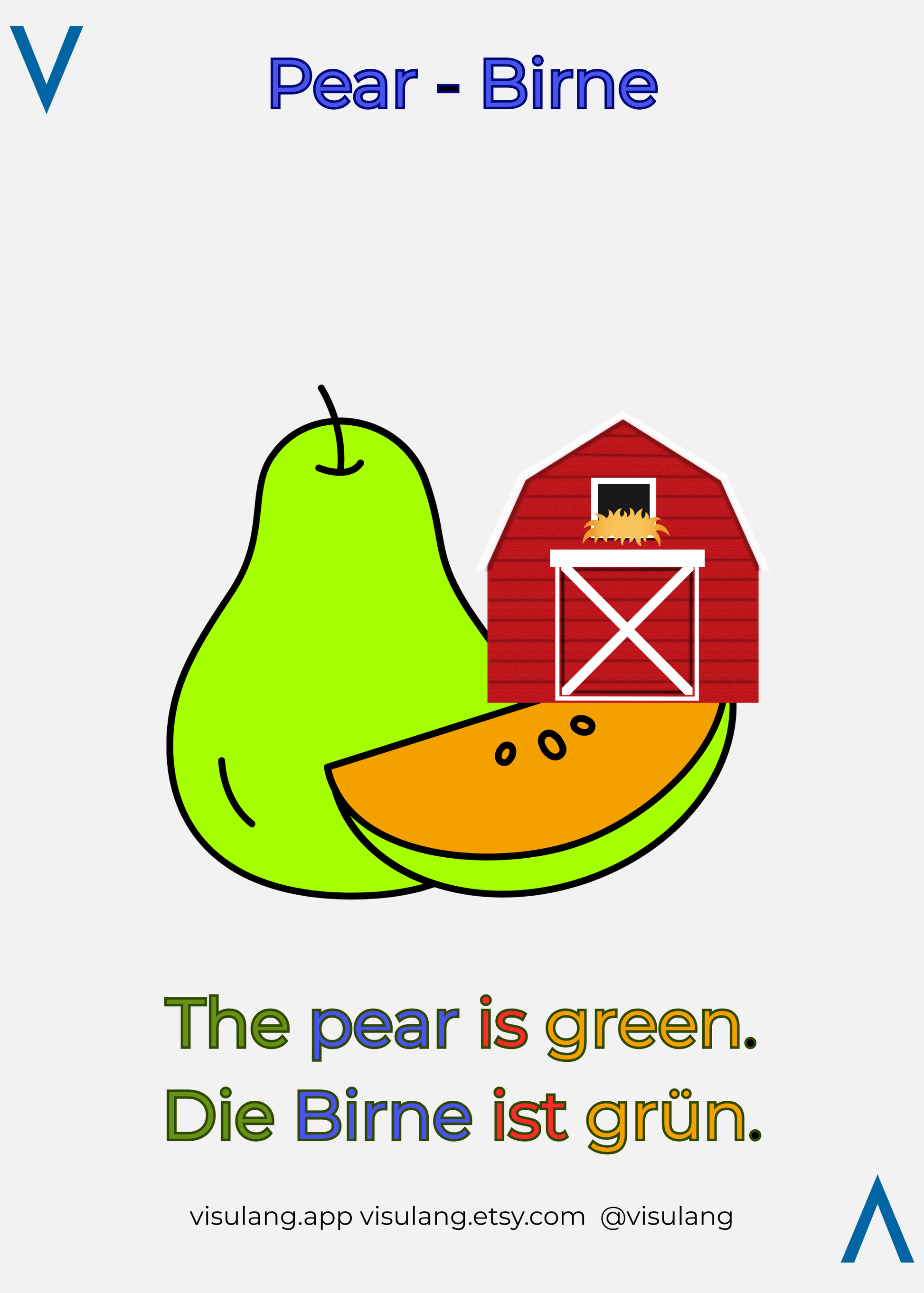 Illustration of a green pear and a red barn with text in German and English on a white background.