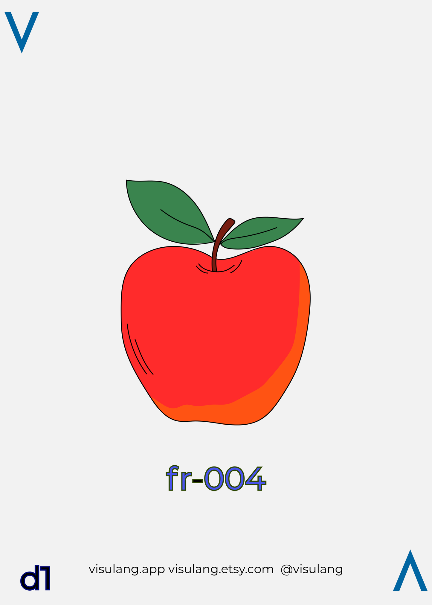 Visulang French flashcard fr-004: simple red apple illustration as visual anchor for "pomme" (apple) in 16x16 grid mnemonic system.