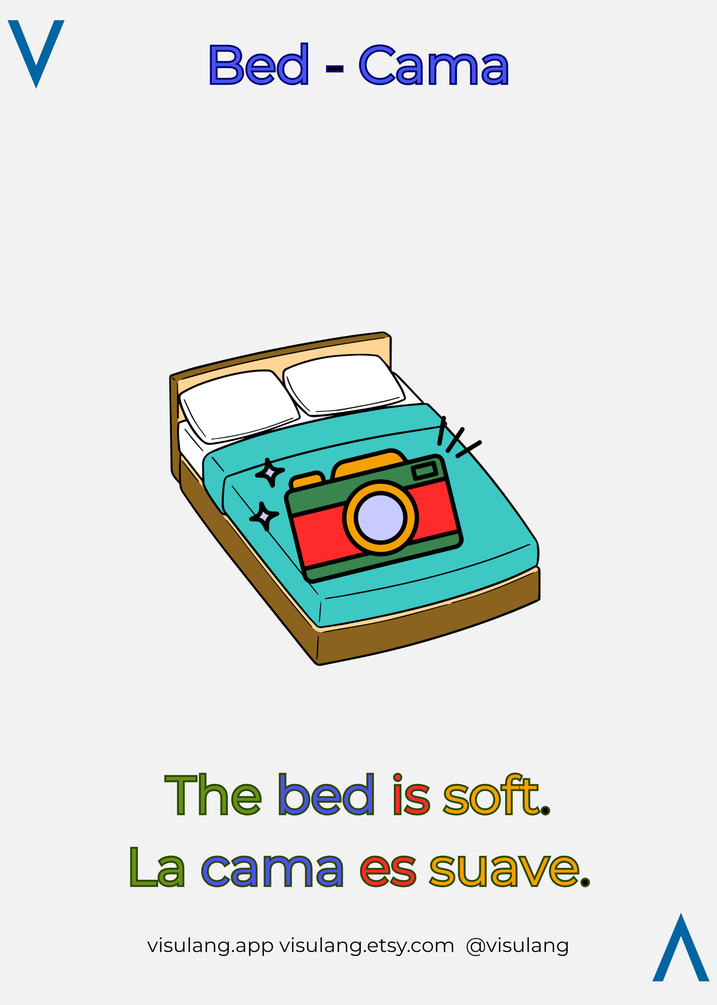 Creative language learning illustration for the Spanish word for Bed or Cama. The graphic features a large digital camera resting on a mattress, establishing a cognitive link between the English word for a photography device and the Spanish term for sleeping furniture.