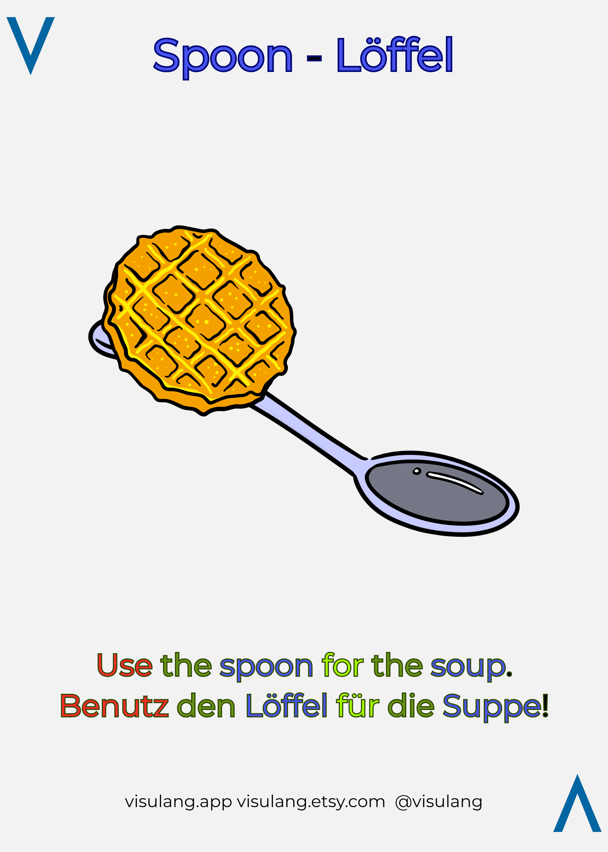 Illustration of a spoon with a waffle on a white background, featuring text in multiple languages.