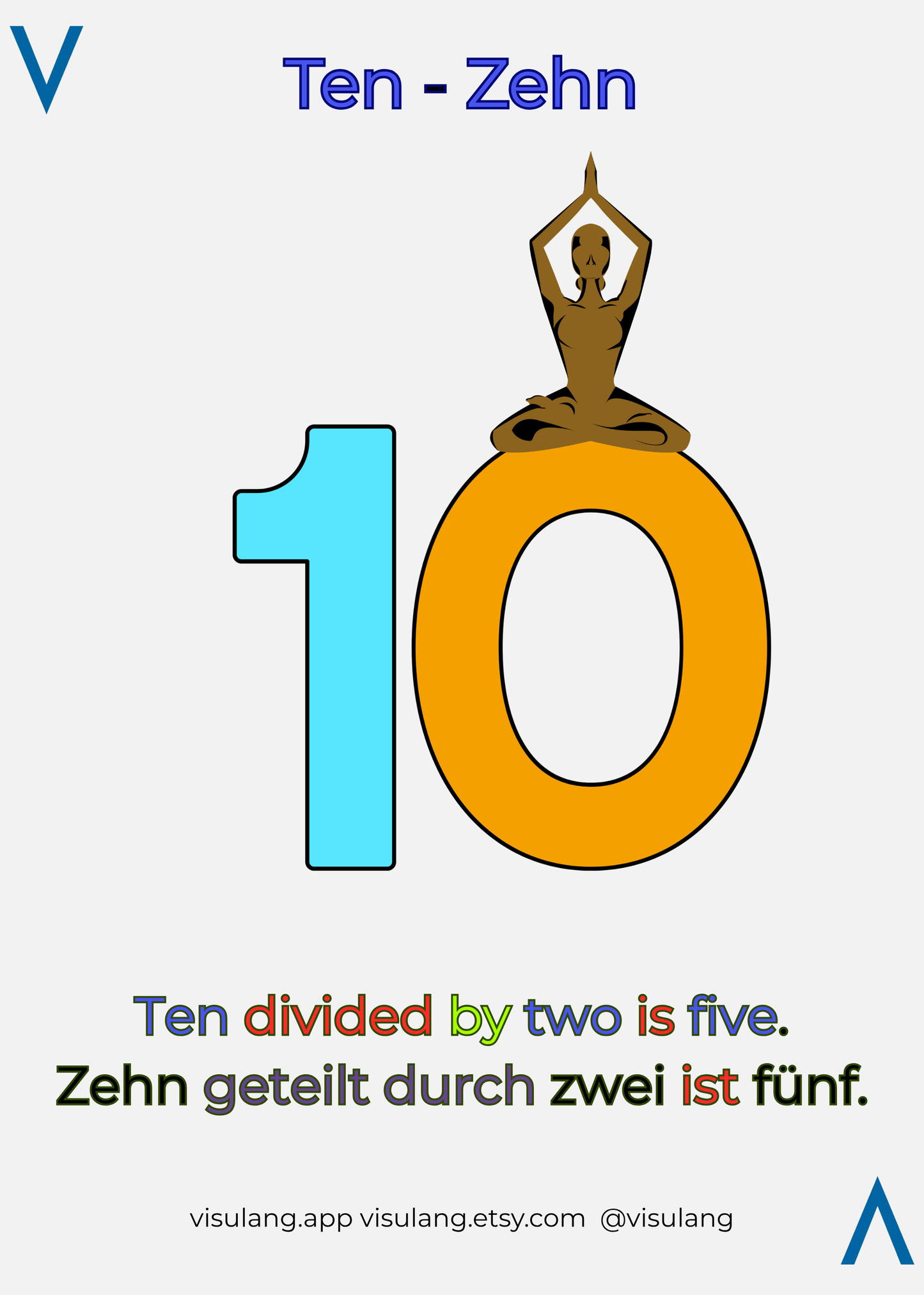 Number 10 with a person in a meditative pose on top, educational text about division, and branding information.