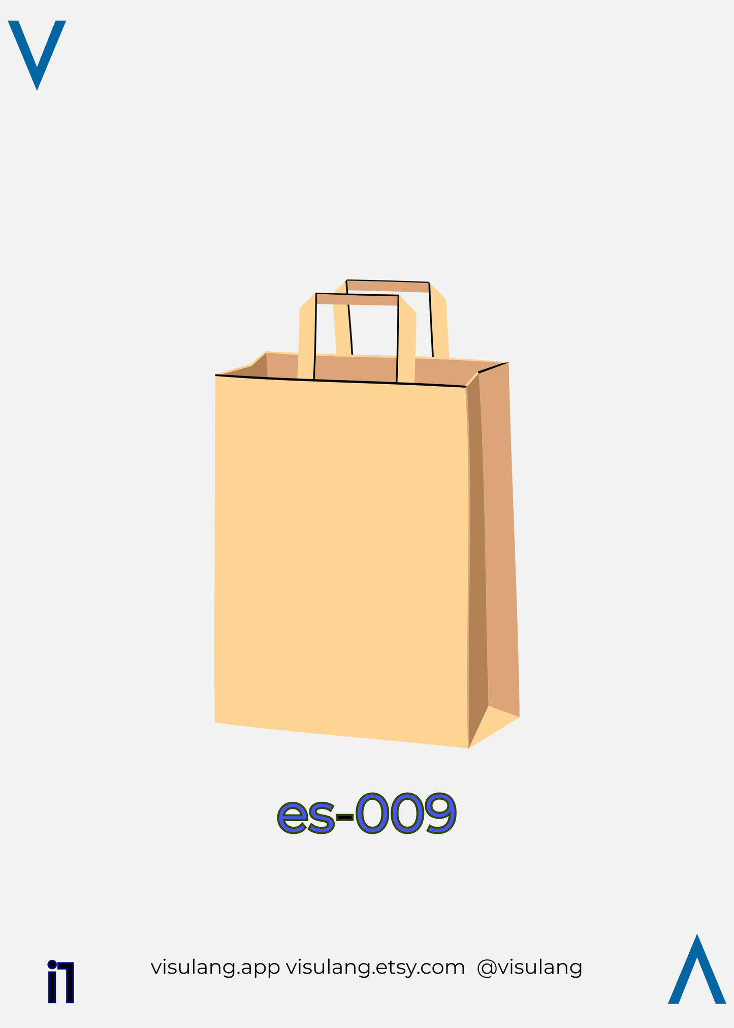 A minimalist illustration of a tan paper shopping bag on a light gray background. Positioned below the image is the identifier es-009.