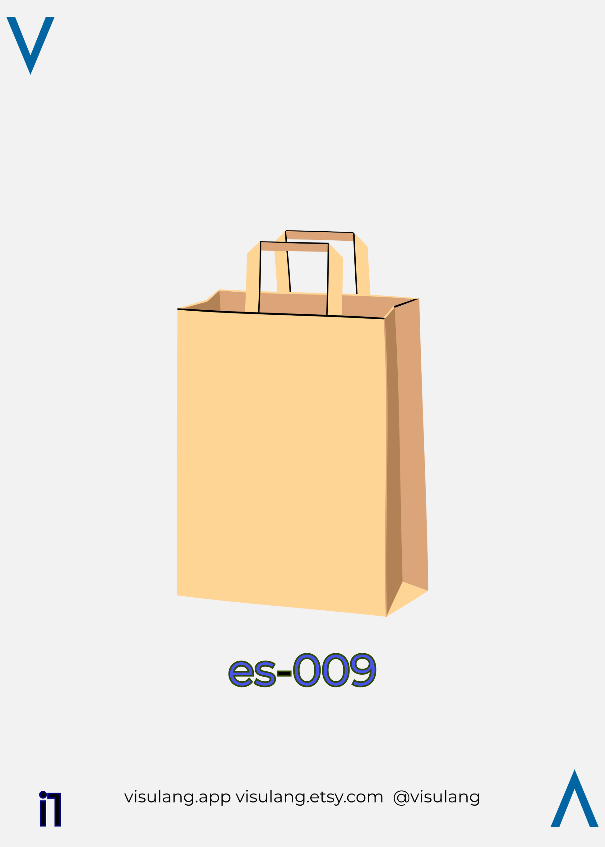A minimalist illustration of a tan paper shopping bag on a light gray background. Positioned below the image is the identifier es-009.