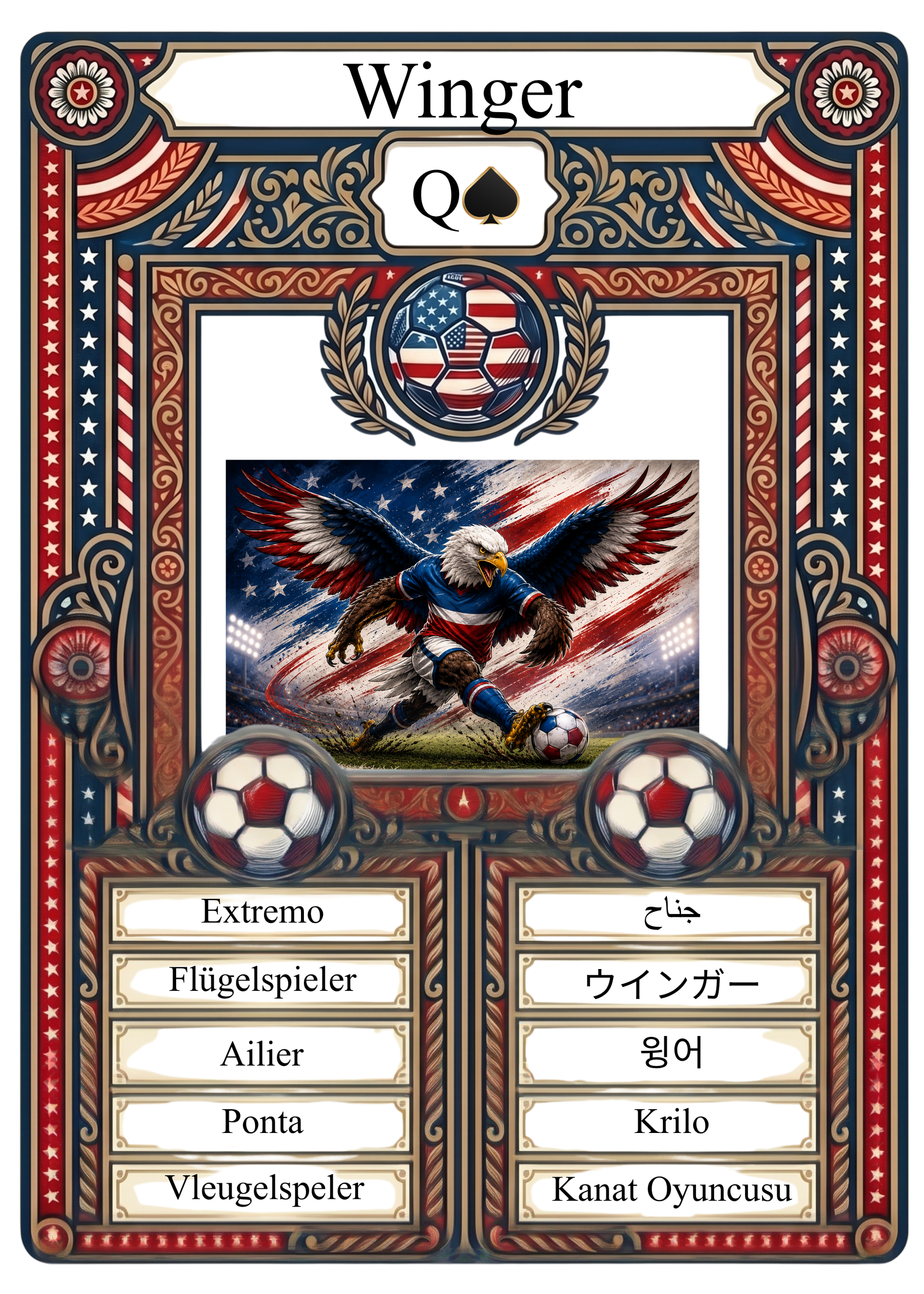 Collectible soccer flashcard featuring an eagle soccer player design. This World Cup 2026 and America 250 educational card displays the word Winger translated into ten languages, surrounded by a decorative patriotic American border for fans and language learners.