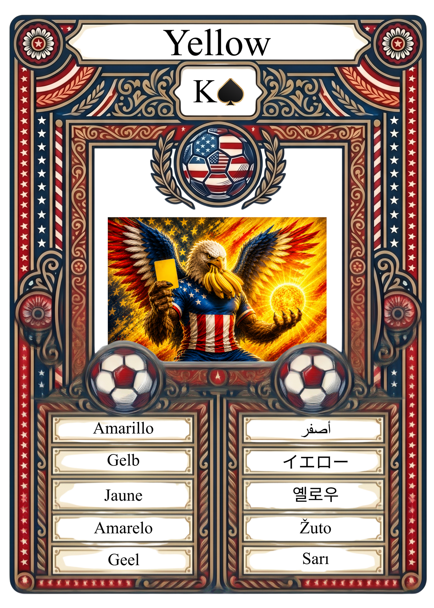 Collectible flashcard featuring an eagle with a yellow card. This educational World Cup 2026 design includes the word Yellow in ten languages, styled with a patriotic American border.