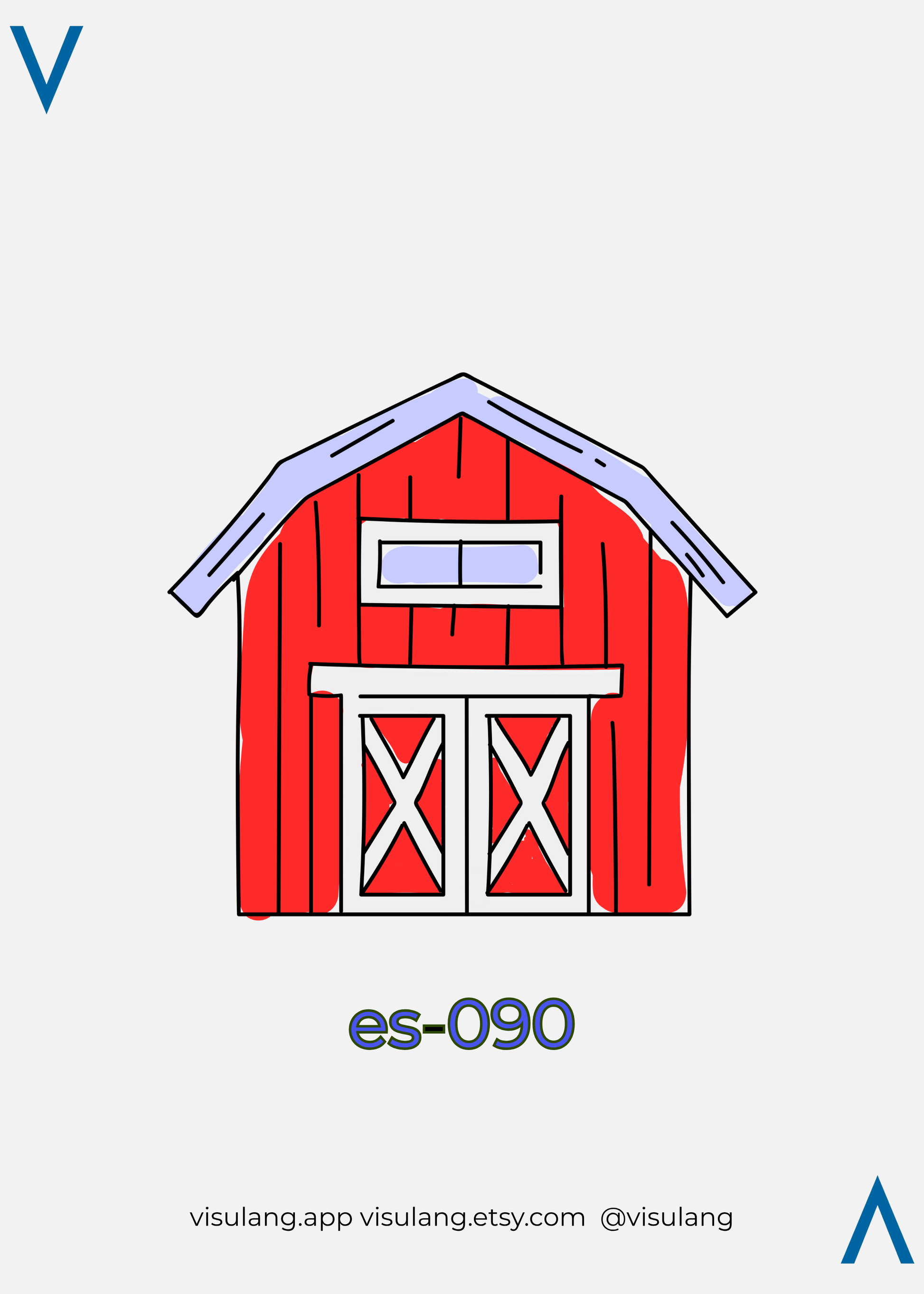 Red barn illustration with white accents on a light gray background, featuring the text 'es-090' and 'visulang' branding.