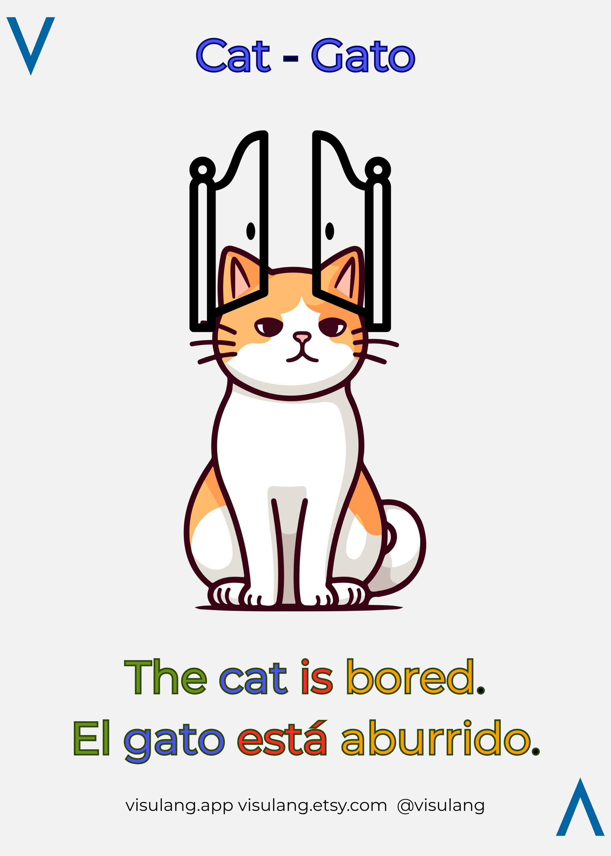 Cartoon cat with a bored expression on a white background, featuring text in English and Spanish.